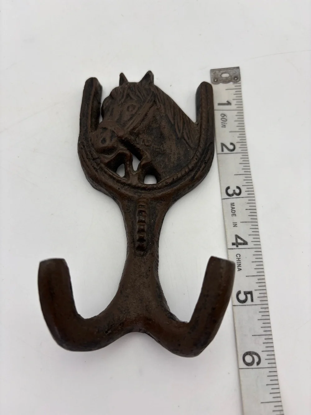 Vintage Heavy Cast Iron Horse and Horse Shoe Two-Prong Wall Hook